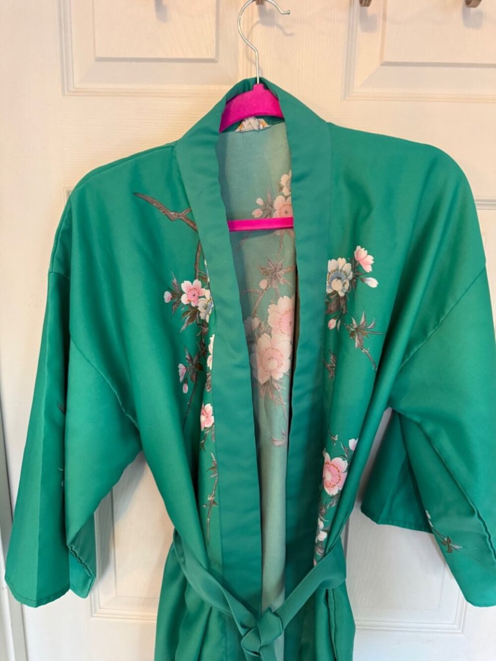 Vintage Green Cherry Blossom Short Sleeve Robe Kimono Satin Luxury One Size - Picture 4 of 8